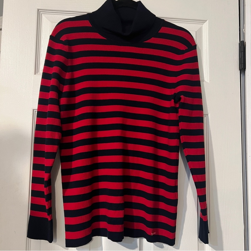 NEW Tommy Hilfiger Women’s Red Blue Striped Turtleneck Sweater Gold Buttons XL